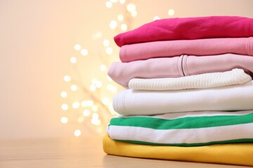 Stack of folded clothes on wooden table against beige background with blurred lights, space for text