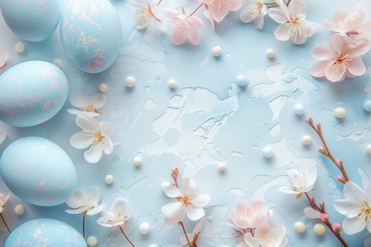 Easter poster and banner template with decorated eggs and spring blossoms on a soft pink background. Flat lay. Layout design for invitation, card, menu, flyer, banner, poster, voucher.