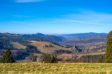 Biala Woda Nature reserve at Three Crowns Massif at background. View from pass Rozdziela, Pieniny Mountains. © Yulia