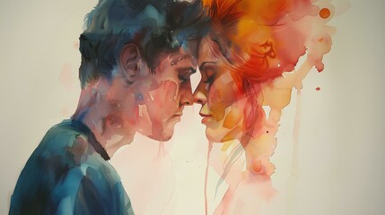 Double exposure of man and woman face combined with colorful paint splashes