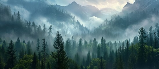 A misty forest with towering mountains in the background, creating a mystical atmosphere. The clouds blend with the sky, painting a beautiful natural landscape with evergreen trees and plants - obrazy, fototapety, plakaty