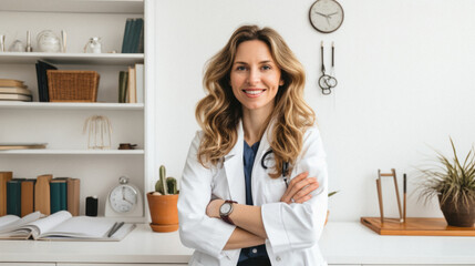 Cheerful doctor in white coat standing with crossed arms in clinic