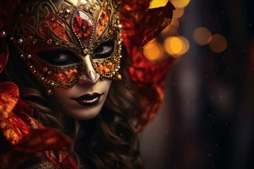 Gardinen Brown-haired woman in carnival red mask with gold ornaments and red ruby, smudged background with bokech effect. Carnival outfits, masks and decorations. © Hawk