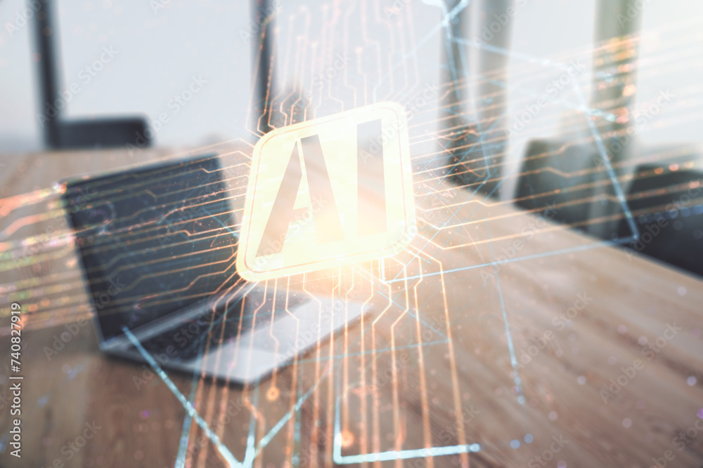 Aufkleber Double exposure of creative artificial Intelligence icon with modern laptop on background. Neural networks and machine learning concept