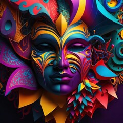 Illustration, colorful mask. Geometric, abstract decorations constructions. Carnival outfits, masks...