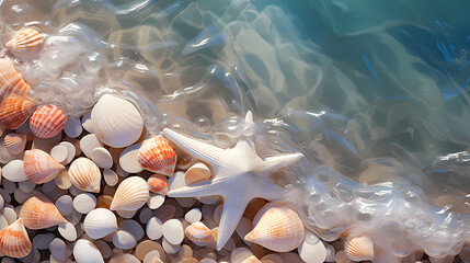 Obraz na płótnie Canvas The summer theme is a variety of colorful seashells