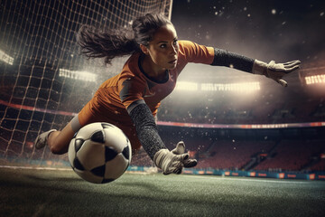 Athletic Female Goalkeeper Defending Goal - obrazy, fototapety, plakaty