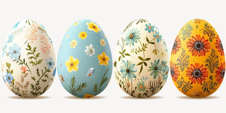 Easter poster and banner template with decorated eggs with spring flowers on a blue background. Front view. Layout design for invitation, card, menu, flyer, banner, poster, voucher.