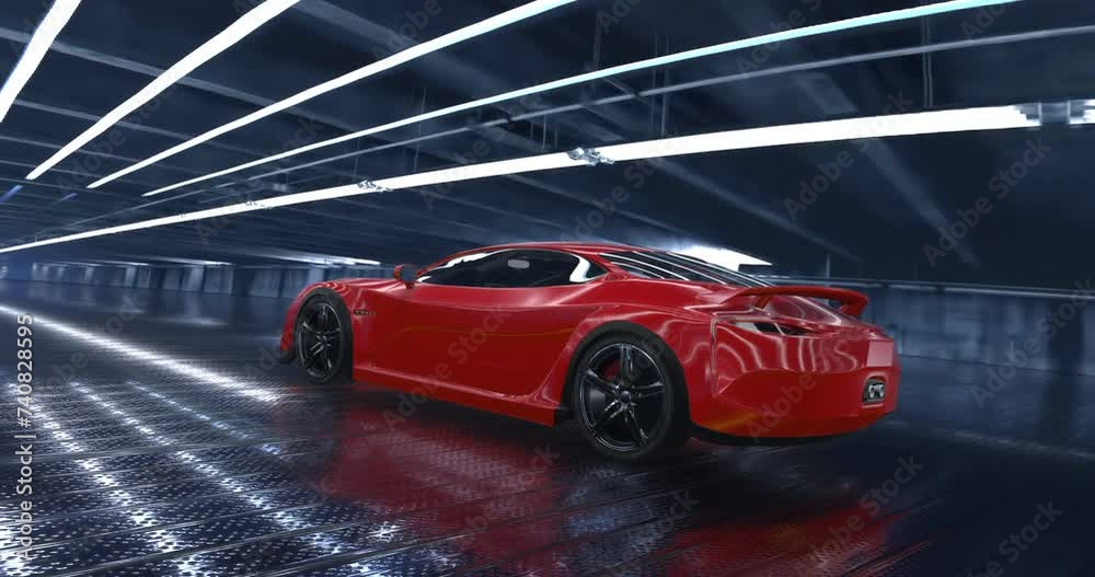 Poster Performance Sport Car Accelerating Then Zoom To V8 High Speed Engine. Performance Sports Car And Engines Related 3D Animation.