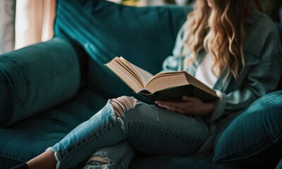 relaxed woman reading book sitting in chair in cozy home room