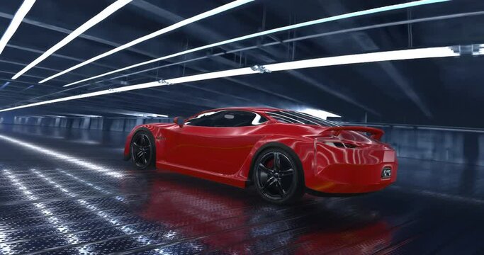 Performance Sport Car Accelerating Then Zoom To V8 High Speed Engine. Performance Sports Car And Engines Related 3D Animation.
