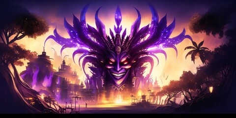 A sinister face over the city, purple colors. Carnival outfits, masks and decorations.
