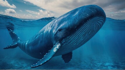 photo of a blue whale swimming across the ocean