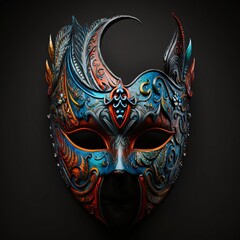 Carnival mask with rich, colorful decorations, dark background. Carnival outfits, masks and decorations.