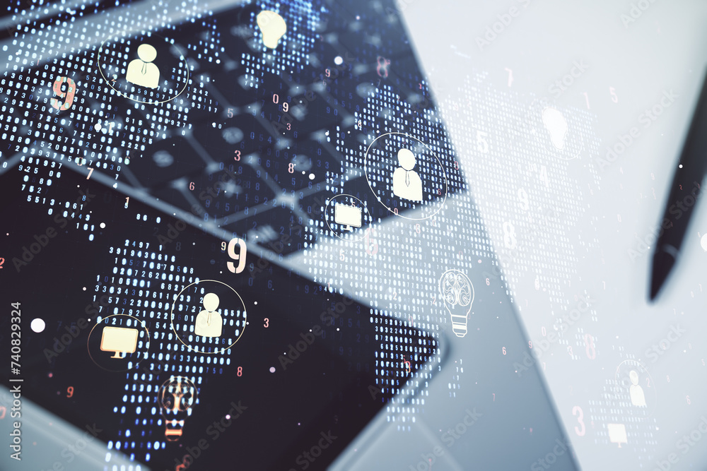 Aufkleber double exposure of social network icons concept with world map and modern laptop on background. mark