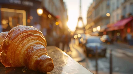  Gros plan sur un croissant dans une rue de Paris » IA générative © Maelgoa