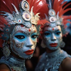 Women in carnival costumes with decorations at a carnival party. Carnival outfits, masks and decorations.