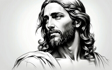 Portrait of Jesus Christ in sketch style against white background with copy space.