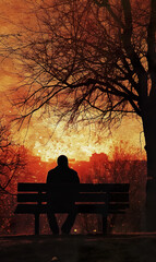 silhouette of serene lonely man sitting on park bench under tree at sunset, tranquility and calmness concept