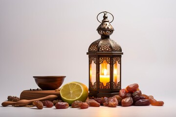 Fototapeta na wymiar Ramadan food and drinks concept. Ramadan Lantern with arabian lamp, wood rosary, dates fruit and lighting on white background. copy space - generative ai