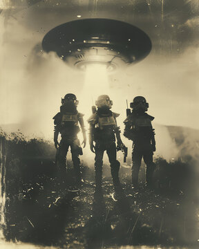 Aliens mit Ufo, Roboter - Vintage Foto