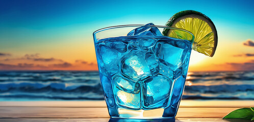 A glass of cocktail with lime garnish and ice. With the sunset in the background
