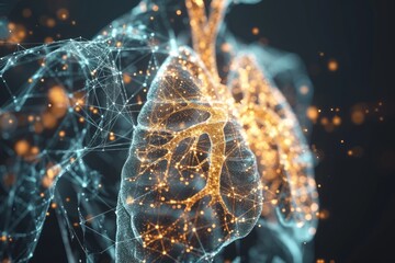 Virtual glowing lungs on a transparent image of a torso on a dark background. Concept for studying the human respiratory system. Copy space.