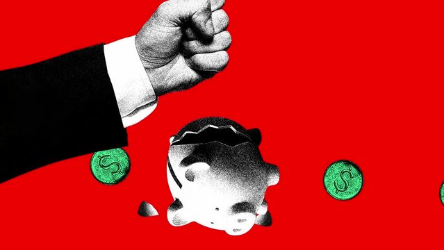 Male hand breaking piggy bank with money on red background. Taking risks. Gambling, stock market investment. Stop motion, animation. Concept of financial literacy, economic, business, money