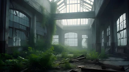 Rolgordijnen old abandoned building with broken windows and green plants vine in foggy day post apocalyptic scene daylight through factory ceiling © Zag