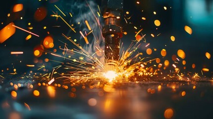 An industrial robotic arm performs welding, with intense sparks flying, capturing the power and precision of automated manufacturing.