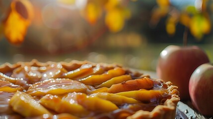 Gros plan sur une tarte tatin avec des pommes dans un jardin » IA générative - obrazy, fototapety, plakaty