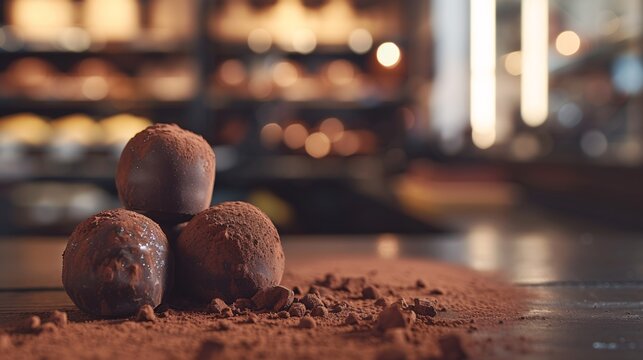 Gros plan sur des truffes au chocolat dans une chocolaterie » IA générative