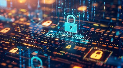 Obraz premium Digital representation of advanced cybersecurity network featuring glowing lock icons, symbolizing data protection and information security.