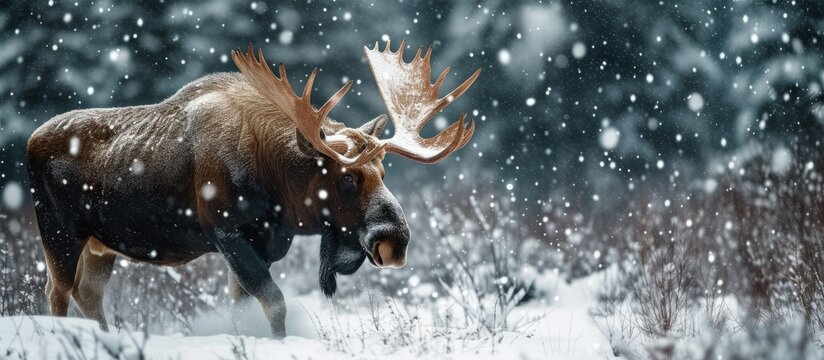 A moose, a terrestrial animal, navigating the snowy woods in winter, contrasted with a dog breed working animal. Freezing winds whip through the trees