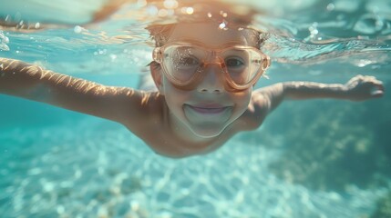 Cute little boy swimming underwater in pool. Cute smiling child having fun swimming and diving in the pool at the resort on summer vacation. Activities and sports to happy kid. AI