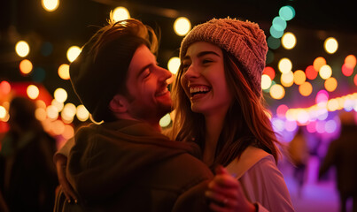 happy couple dance and have fun at open air music festival at night, cheerful man and woman dance together in nightclub