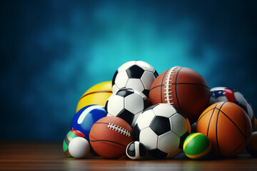 Various balls and team sports equipment. sports game
