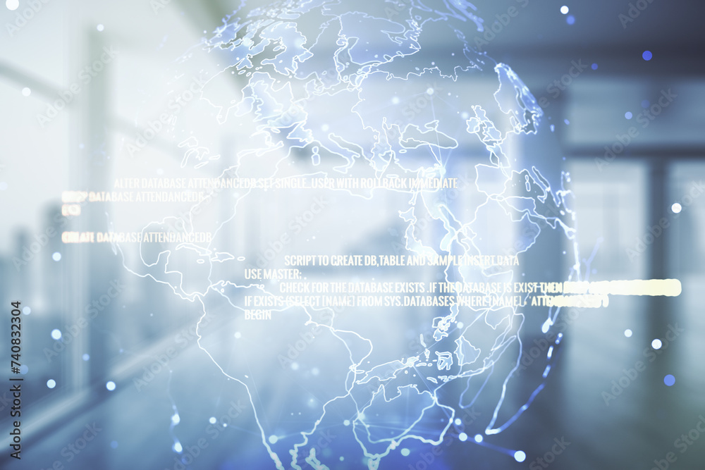 Poster multi exposure of abstract creative coding sketch and world map on empty corporate office background