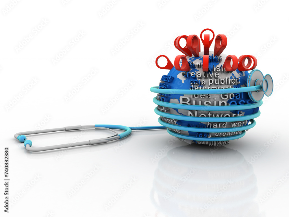 Poster 3d rendering red map pointer in world protection stethoscope