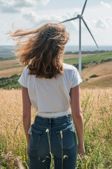 young woman walking in field by wind turbine generator, windmill farm and renewable energy concept