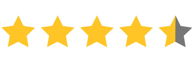 Four and half stars, customer quality symbol, vector product rating review flat icon for hotel, restaurant etc