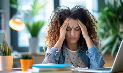 young tired woman being exhausted at work, frustrated person overworking with laptop and has stress