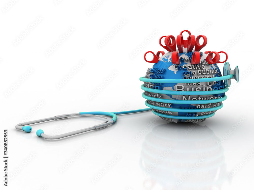 Poster 3d rendering red map pointer in world protection stethoscope