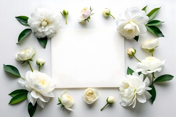 Template design with white peonies and white background with copy space. Classic white peony, ivory rose flowers for wedding invitation. Central negative space within banner. Generative AI