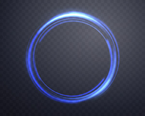 Blue magic ring with glowing. Neon realistic energy flare halo ring. Abstract light effect on a dark transparent background. Vector illustration.