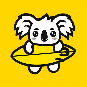 A logo illustration of a koala holding a surfboard on a yellow background.