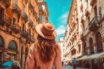 A woman is seen walking down a narrow street lined with tall buildings. She is wearing a wide-brimmed hat and a long-sleeved, patterned top. Her hair is long and appears to be auburn. - obrazy, fototapety, plakaty