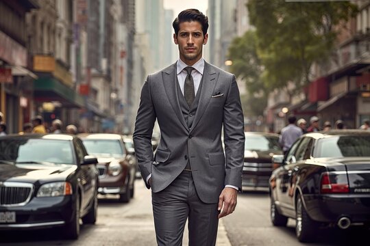 A confident man in a suit walks down a busy city street, surrounded by cars and urban hustle. The scene exudes professionalism, power, and determination, capturing the essence of business life.