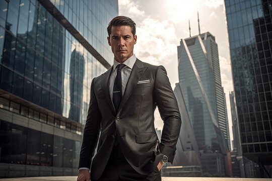 A confident man in a suit stands in front of modern skyscrapers, exuding professionalism, power, and determination. The scene captures the essence of urban business success in a metropolitan setting.