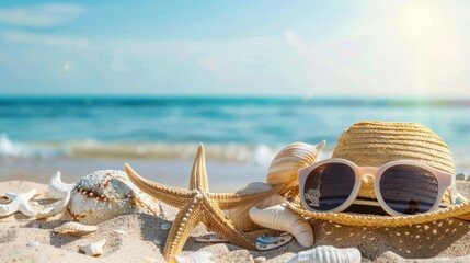 Fototapeta na wymiar Sunny Beach Day with Seashells and Sunglasses